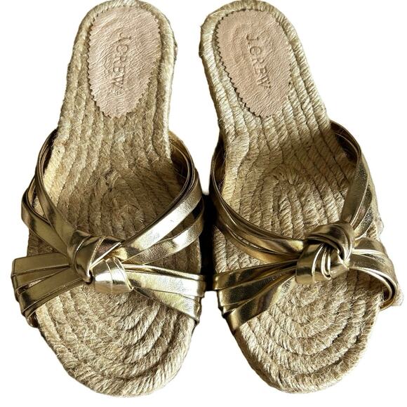 J.CREW Gold Knotted Slide Sandals Metallic Espadrille Woven Flats Size 6 NWOB - Picture 2 of 7